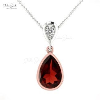 Dangling Gemstone Pendant With 1.61 Ct Red Garnet & Diamond 14k Real Gold 2 Necklace