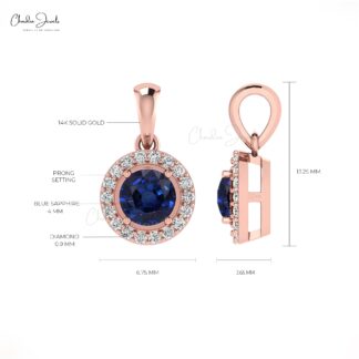 Brilliant Cut Halo Women Pendant In 14k Solid Gold Blue Sapphire & Diamond Necklace