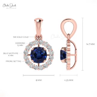 Halo Gemstone Pendant in 14k Solid Gold Blue Sapphire ANd Diamond Hallmarked Pendant