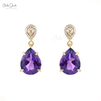 Tear Drop Dangle Earring With 10x8mm Amethyst And Pave Diamond 14k Yellow Gold Earrings
