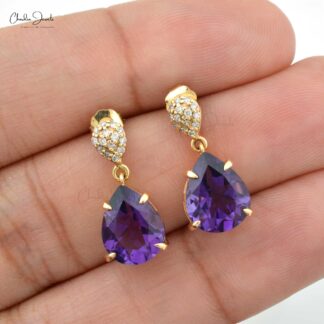 Tear Drop Dangle Earring With 10x8mm Amethyst And Pave Diamond 14k Yellow Gold Earrings