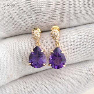 Tear Drop Dangle Earring With 10x8mm Amethyst And Pave Diamond 14k Yellow Gold Earrings