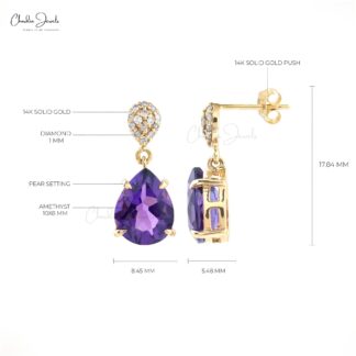 Tear Drop Dangle Earring With 10x8mm Amethyst And Pave Diamond 14k Yellow Gold Earrings