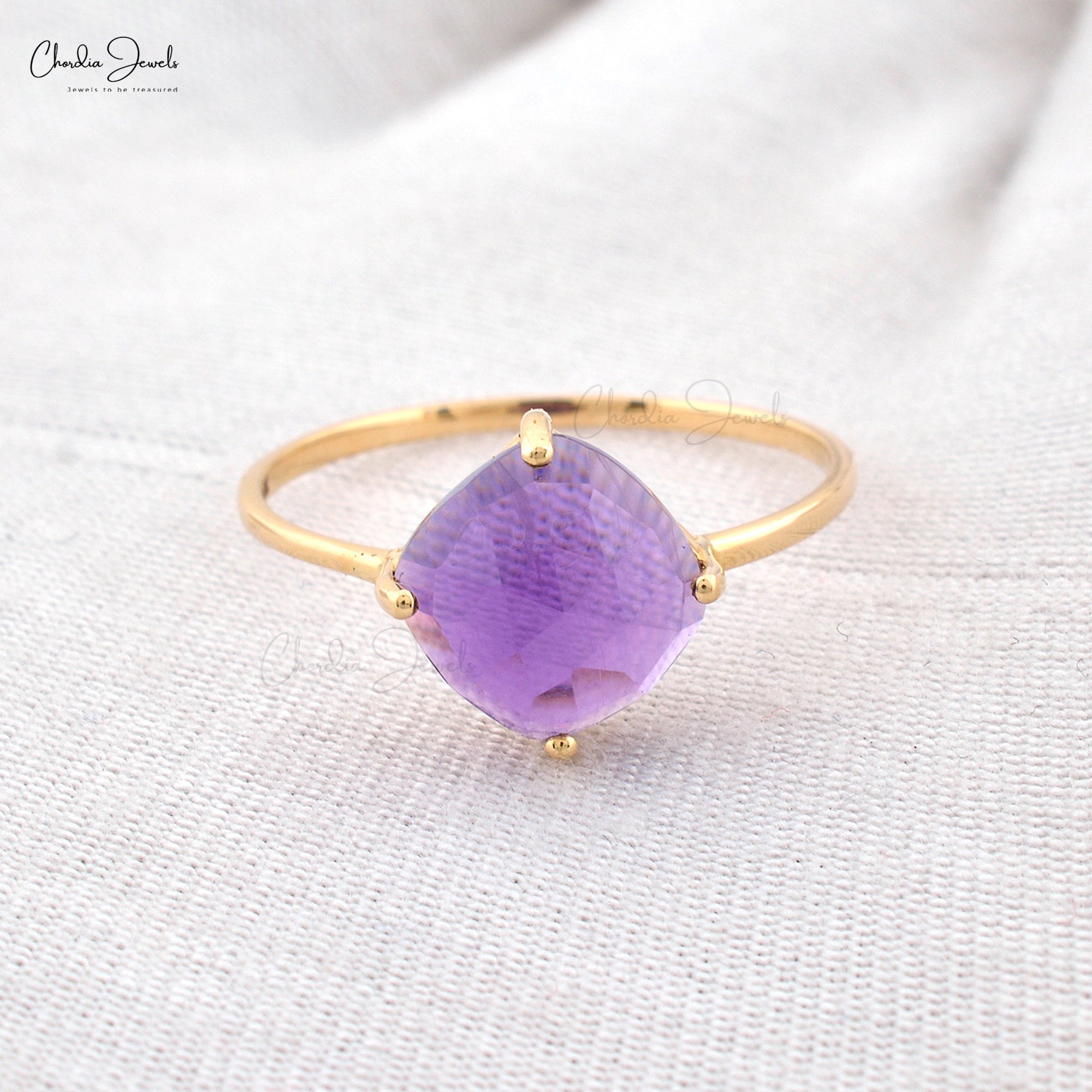 Solid 14K Yellow Gold Solitaire Ring Natural 2.4ct Amethyst Single Stone Ring For Her