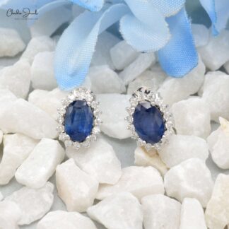 Oval Cut 14k White Gold Stud With 1.16 Ct Blue Sapphire And Diamond Earrings For Her