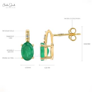 Genuine Emerald & Diamond Earrings Solid 14k Yellow Gold Stud Earrings For Her