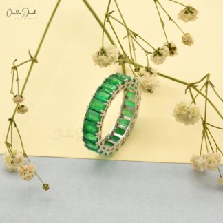 Real Octagon Emerald 14k White Gold Eternity Band Ring