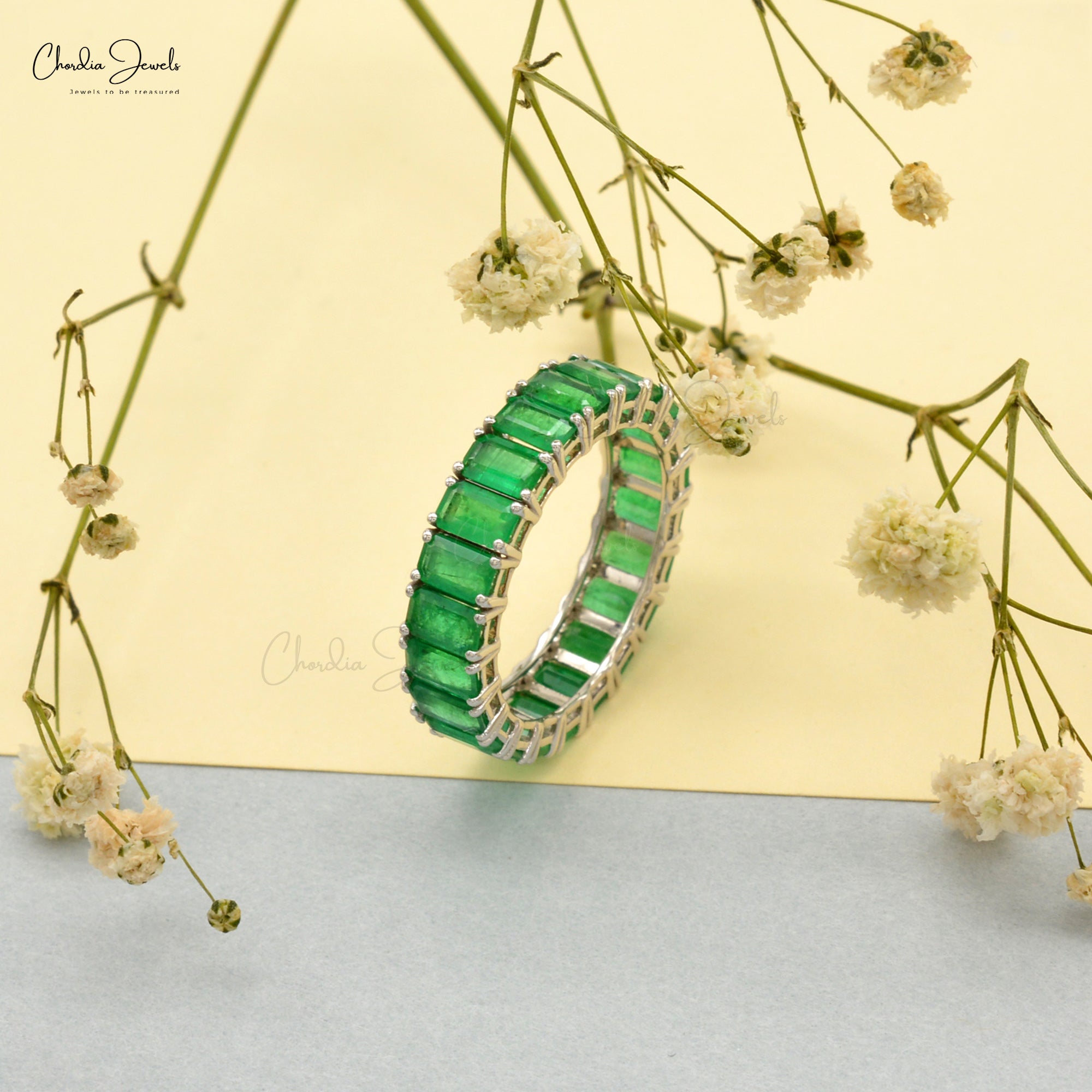 Real Octagon Emerald 14k White Gold Eternity Band Ring
