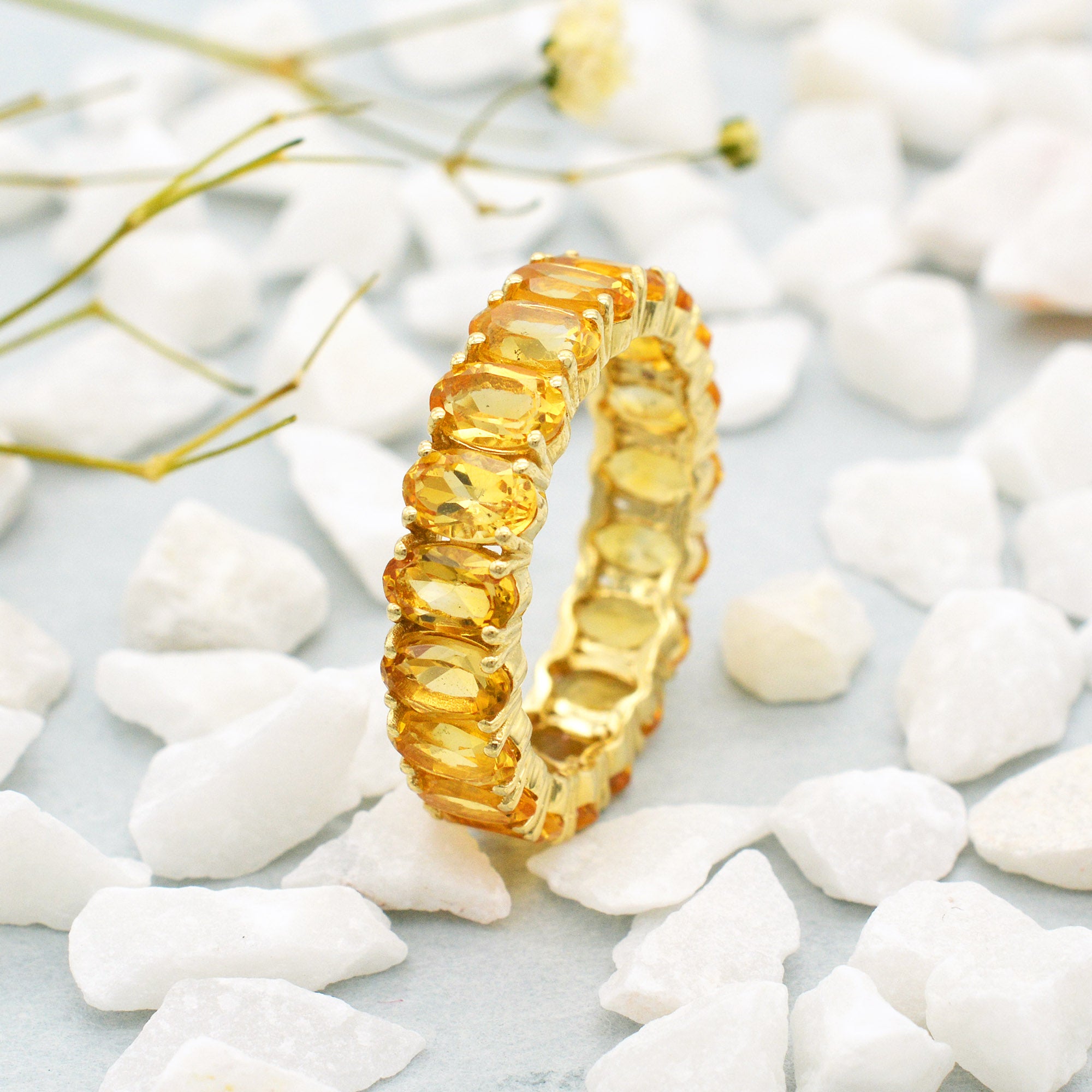 Genuine Citrine Full Eternity Wedding Ring With 5x3mm Gemstone 14k Yellow Gold Jewelry