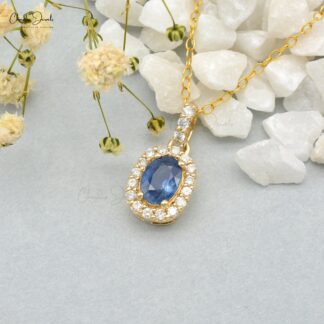 Oval Cut Dangle Charm in 14k Yellow Gold Blue Sapphire And Diamond Halo Pendant For Her