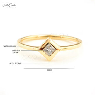 Real 14k Yellow Gold Solitaire Ring With 0.07 Ct White Diamond Bezel Set Rings For Her
