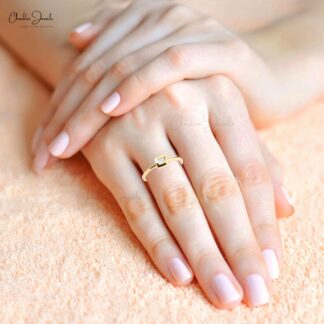 Single Stone Minimalist Ring With 2.4mm White Diamond 14k Solid Yellow Gold Solitaire Rings