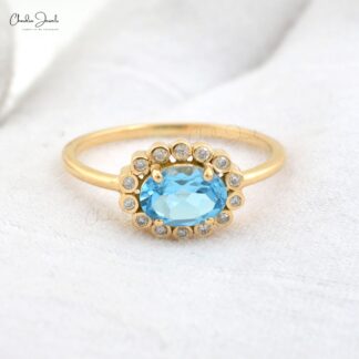 Pure 14k Yellow Gold Halo Ring With 7x5mm Swiss Blue Topaz Diamond Wedding Rings