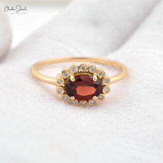 Halo Diamond Promise Ring In 14k Yellow Gold Garnet 0.95 Ct Gemstone Rings For Her