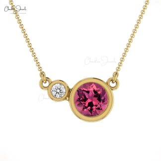 Round Two Stone Necklace In Pure 14k Gold Pink Tourmaline And G-H Diamond Women Necklace