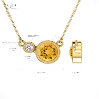 Delicate 2 Stone Necklace With 0.56 Ct Citrine Diamond Accents In 14k Real Gold Necklace