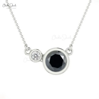 Bezel Set Diamond Necklace In 14k Real Gold Black Diamond April Birthstone Jewelry