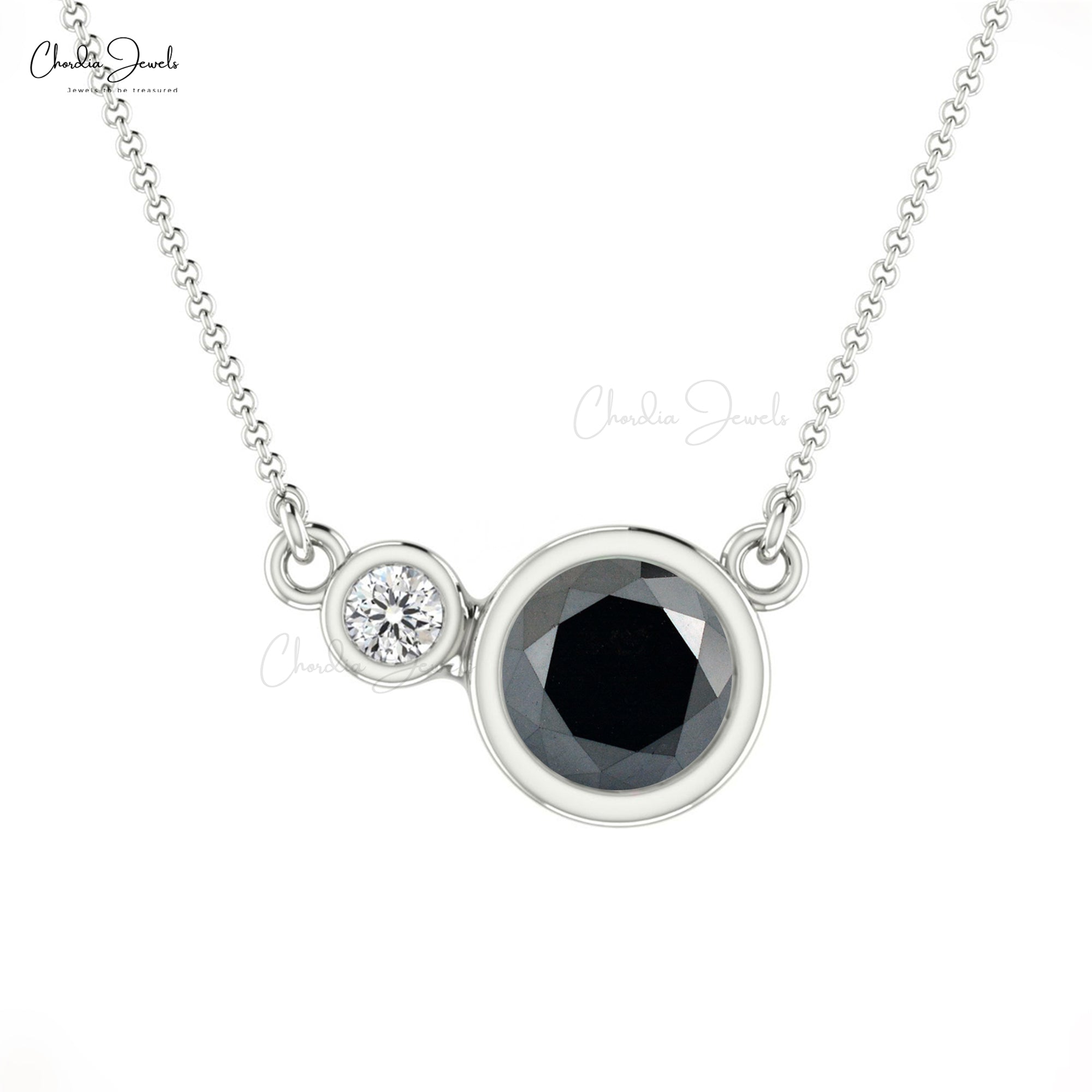 Bezel Set Diamond Necklace In 14k Real Gold Black Diamond April Birthstone Jewelry