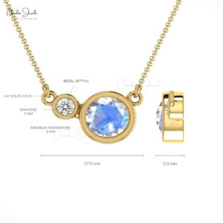 Two Stone Moonstone & Diamond Bezel Set Necklace 14k Real Gold Light Weight Necklace