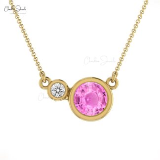 Dual Birthstone Necklace In 14k Real Gold Pink Sapphire 0.56 Ct Gemstone & Diamond Jewelry