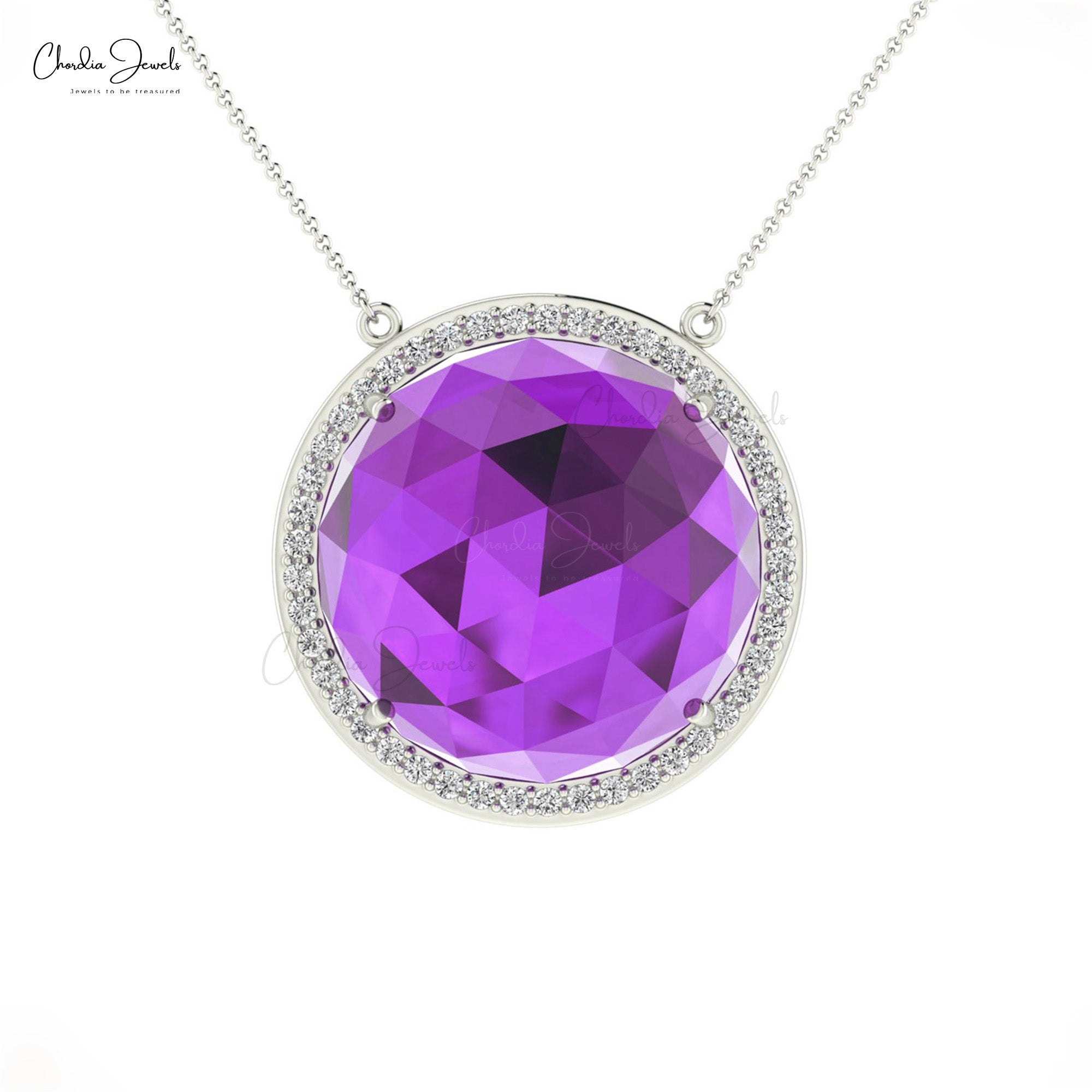 Halo Diamond Chain Necklace In 14k Solid Gold Amethyst February Birthstone Jewelry