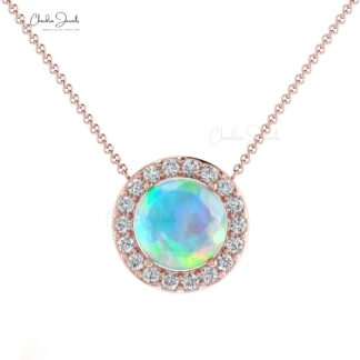 Real 14k Gold With 0.75 Ct Fire Opal & Diamond Halo Chain Necklace For Her Birthday