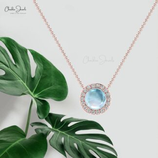 Diamond Circle Halo Necklace With 6mm Aquamarine Prong Set In Real 14k Gold Necklaces