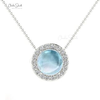 Diamond Circle Halo Necklace With 6mm Aquamarine Prong Set In Real 14k Gold Necklaces