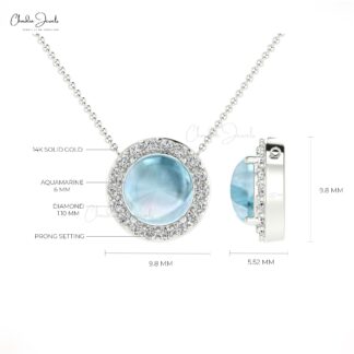 Diamond Circle Halo Necklace With 6mm Aquamarine Prong Set In Real 14k Gold Necklaces