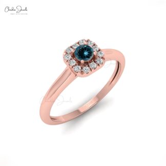Halo Prong Set Women Ring With 0.13 Ct London Blue Topaz Rings In 14k Pure Gold