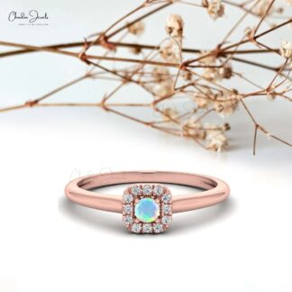 Round Opal Halo Diamond Ring In 14k Solid Gold Gemstone Hallmarked Women Jewelry