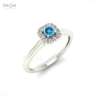 Halo Diamond Wedding Ring In 14k Solid Gold Swiss Blue Topaz Minimalist Ring For Her