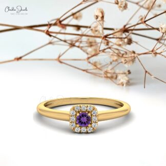 Pure 14k Gold Halo Ring With 0.10 Ct Amethyst Gemstone And Diamond Hallmarked Ring
