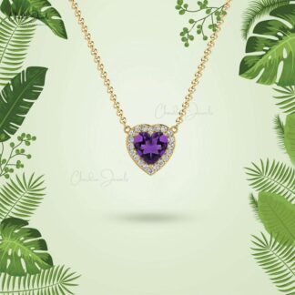 Gemstone Halo Necklace in Solid 14k Gold Amethyst And Diamond Hallmarked Necklaces
