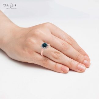 0.74 Carats Natural London Blue Topaz and Diamond Dainty Ring in 14k Solid Gold