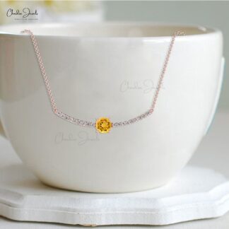 Round Citrine Statement Necklace In 14k Gold Gemstone And Diamond Hallmarked Jewelry