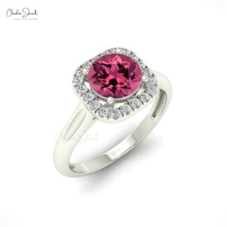 Gemstone Halo Ring In 14k Real Gold Pink Tourmaline And Diamond Engagement Ring