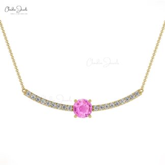 Brilliant Cut Statement Necklace In 14k Solid Gold Pink Sapphire & Diamond Necklaces For Her