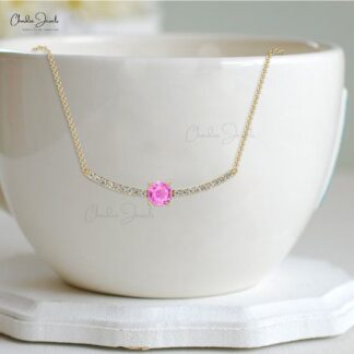 Brilliant Cut Statement Necklace In 14k Solid Gold Pink Sapphire & Diamond Necklaces For Her