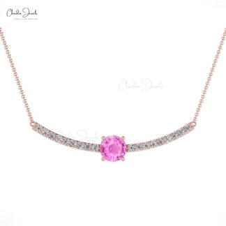 Brilliant Cut Statement Necklace In 14k Solid Gold Pink Sapphire & Diamond Necklaces For Her