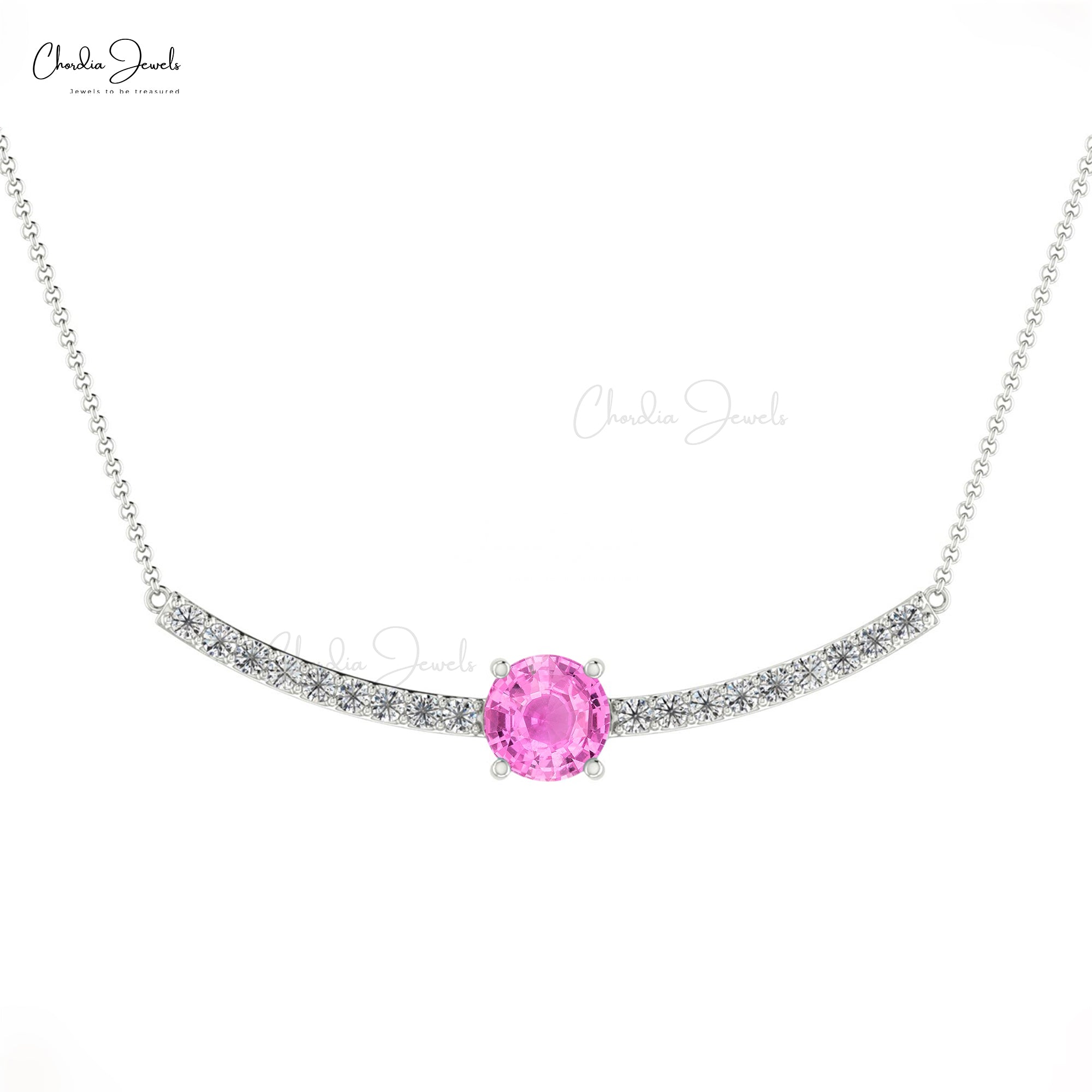 Brilliant Cut Statement Necklace In 14k Solid Gold Pink Sapphire & Diamond Necklaces For Her