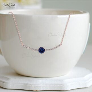 Diamond Statement Necklace In Real 14k Gold Blue Sapphire 5mm Gemstone Fine Necklaces