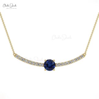 Diamond Statement Necklace In Real 14k Gold Blue Sapphire 5mm Gemstone Fine Necklaces