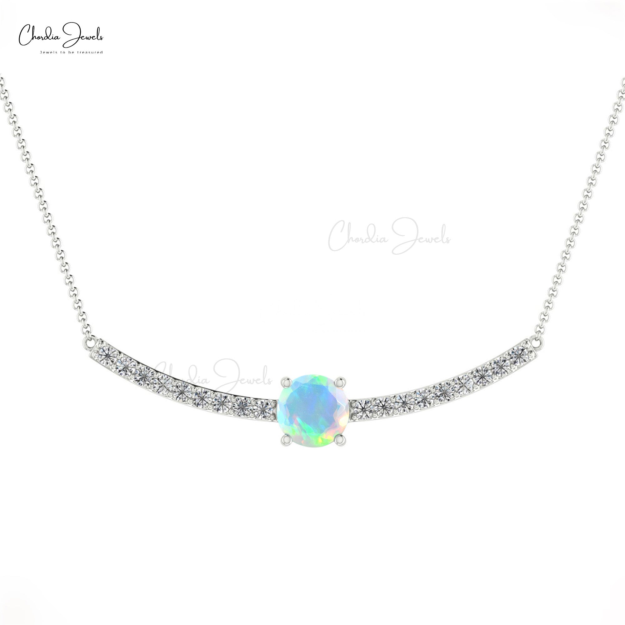 Statement Gemstone Necklace With 5mm Fire Opal And Diamond Chain Necklace For Mom