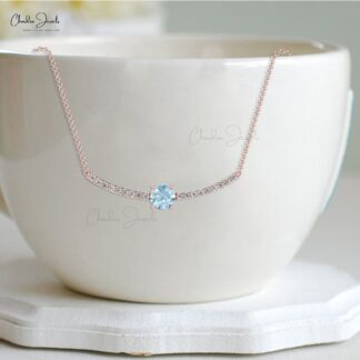 Real 14k Gold Aquamarine & Diamond Accents Statement Necklace For Love