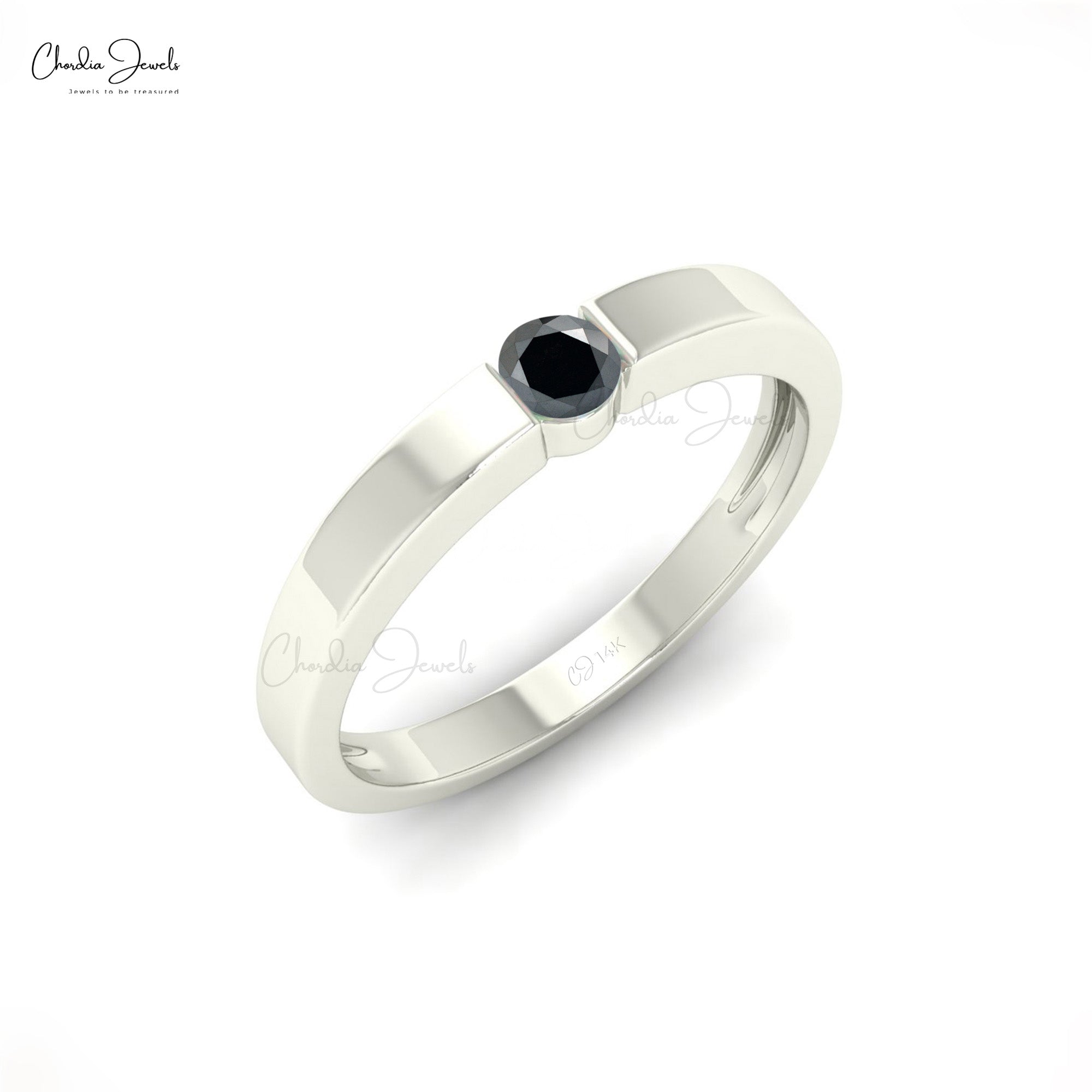Genuine Black Diamond Solitaire Ring In 14k Real Gold Engagement Fine Jewelry For Women