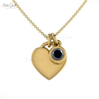 Round Cut Heart Shape Charm With 3mm Black Diamond Bezel Set In 14k Real Gold Necklace