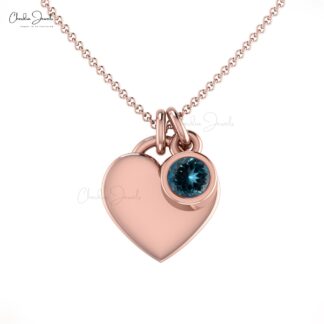 Bezel Set Single Stone Charm in 14k Solid Gold London Blue Topaz Gemstone Love Necklace