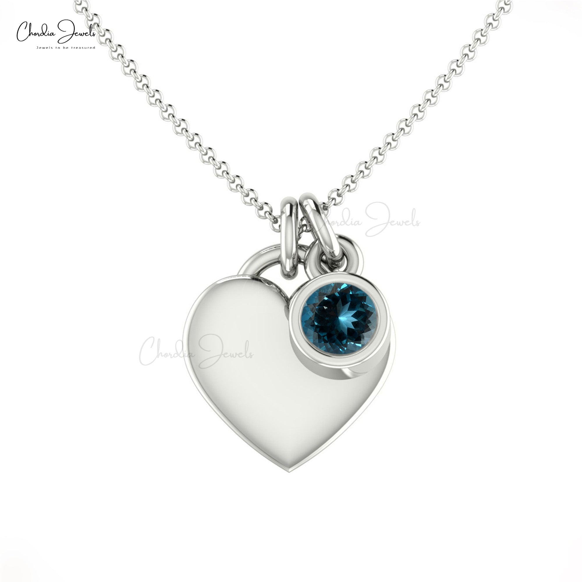 Bezel Set Single Stone Charm in 14k Solid Gold London Blue Topaz Gemstone Love Necklace