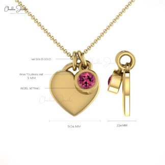 Pure 14k Gold Heart Shape Necklace in 0.17 Ct Pink Tourmaline Solitaire Chain Necklace